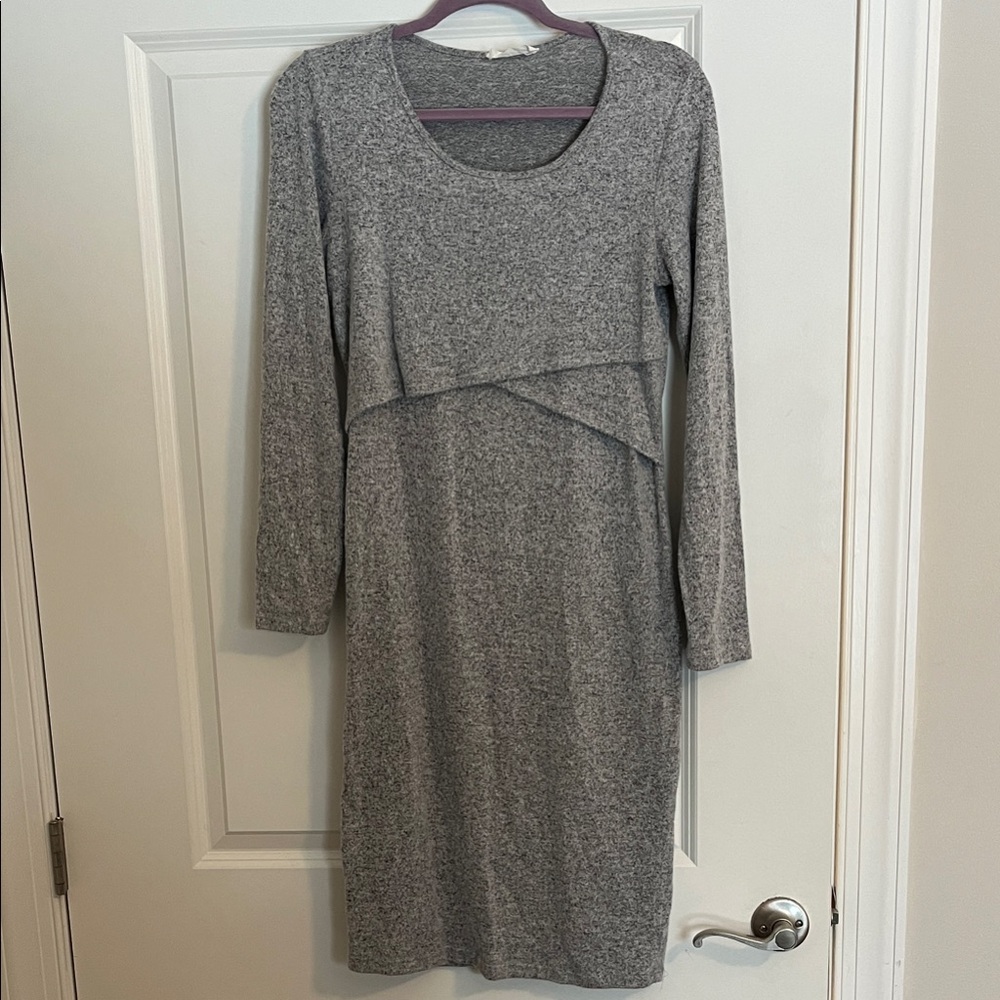Heather Grey Brushed Knit Long Sleeve Maternity Wrap Nursing Dress